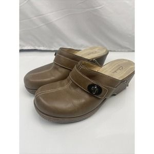 CLARKS Artisan Women’s Brown Clogs Slip On Mules Leather Lock Buckle US 6.5M